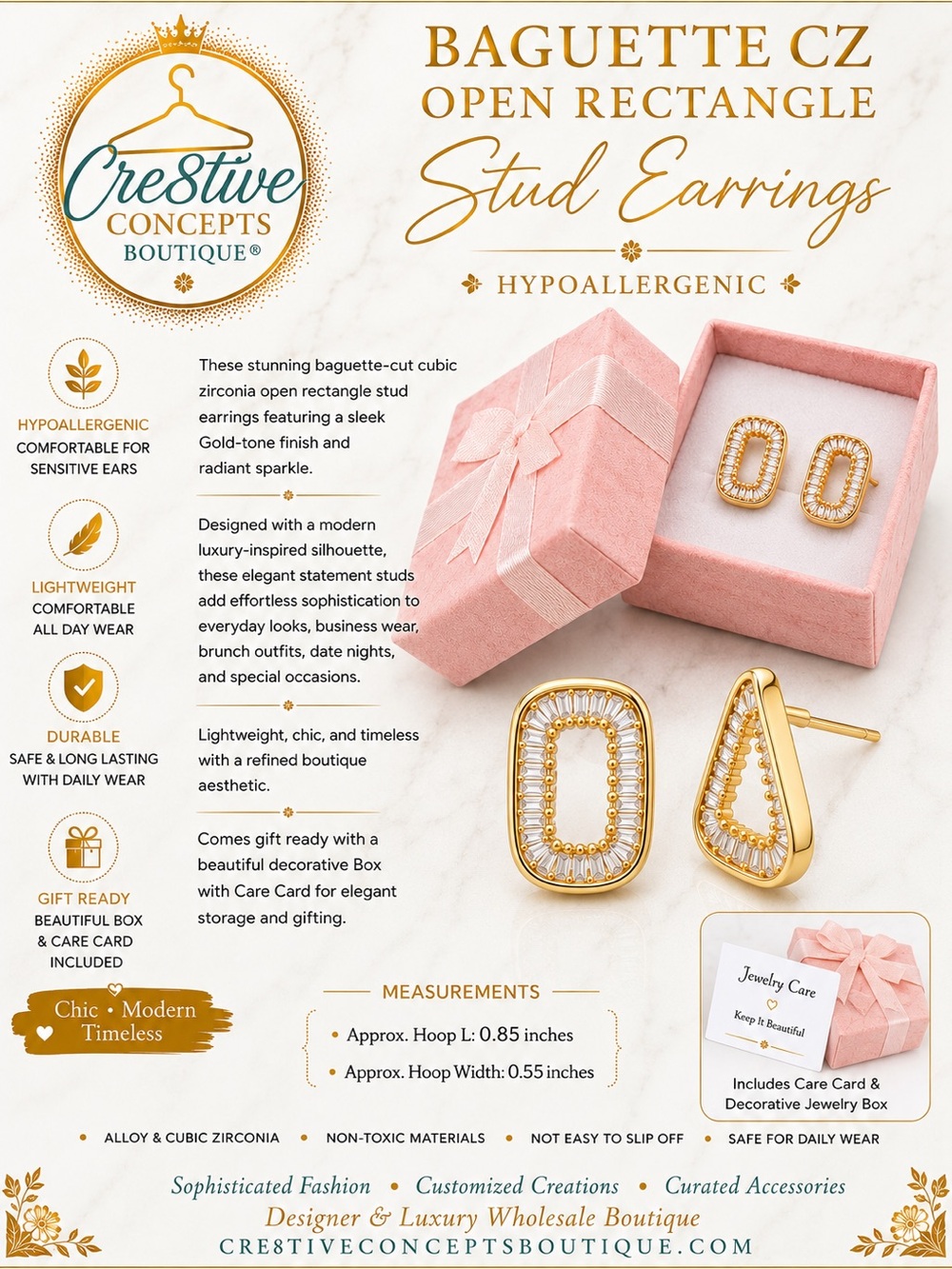 Baguette CZ Open Rectangle Stud Earrings | Gold Luxe Hypoallergenic Earrings